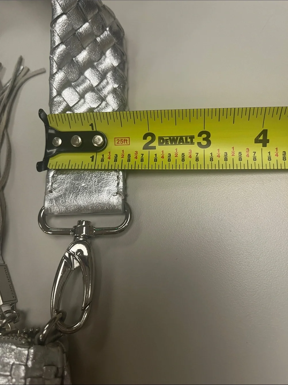 Elliott Lucca Silver Woven Metallic Clutch wTassel Removable Strap